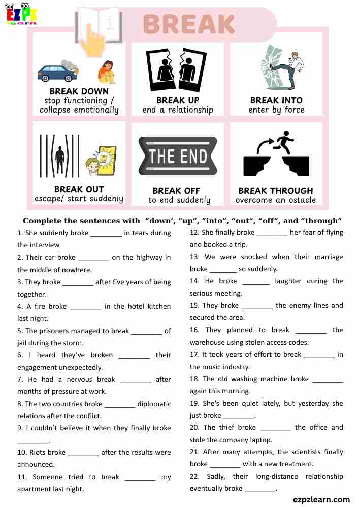 Phrasal Verbs with “Break” – ESL Worksheet | 22 Sentences Fill-in-the-Blanks | Free PDF Download